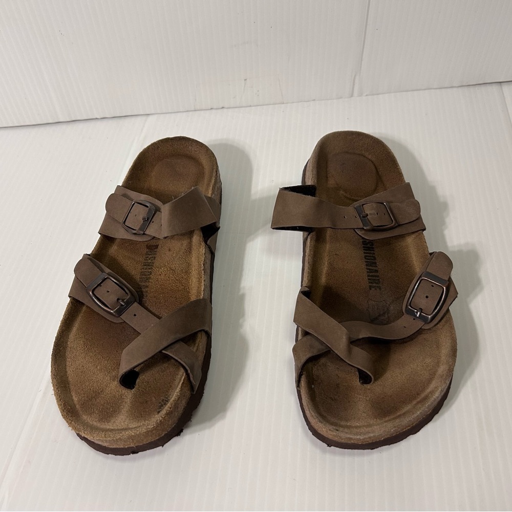 Cushionaire brown upper leather slide on sandal women size 8 M